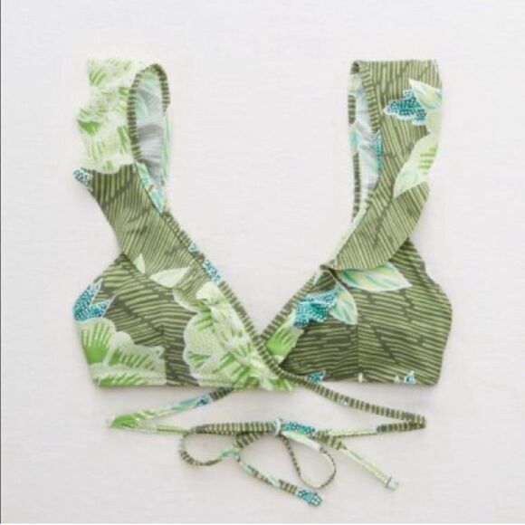 Aerie green floral wrap flutter ruffle strap bikini swimsuit bathing top M - Picture 1 of 9